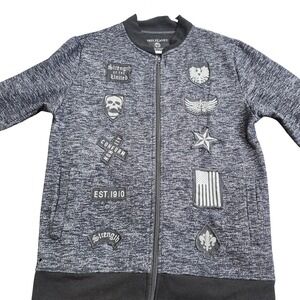 Free Planet Jacket Mens Medium Gray Bomber Full Zip Fleece Skull Flag Patches